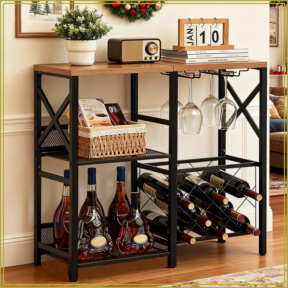 Home Bar Shelves - Rustic Freestanding Wine Rack with Glass